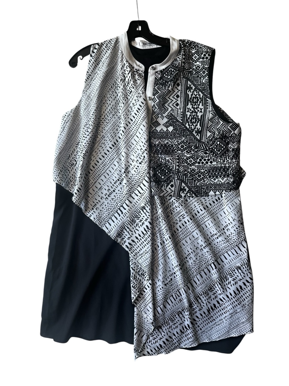 DKNY Layered Sleeveless Midi Dress Black White Abstract Geo Print Asymmetric XL - Picture 2 of 15